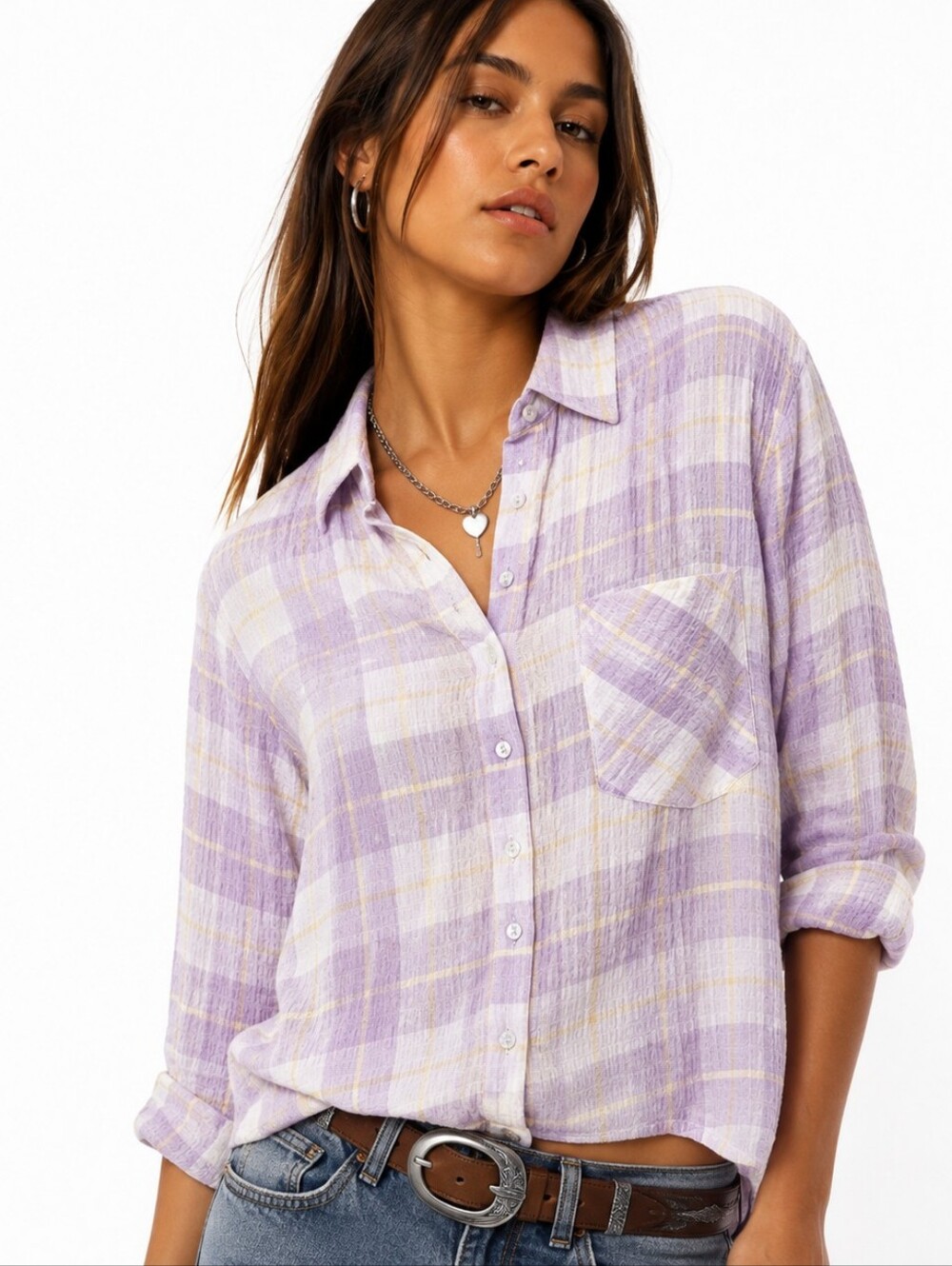 Rails Brady Lilac Citrus Plaid Seersucker Button Down Shirt Small